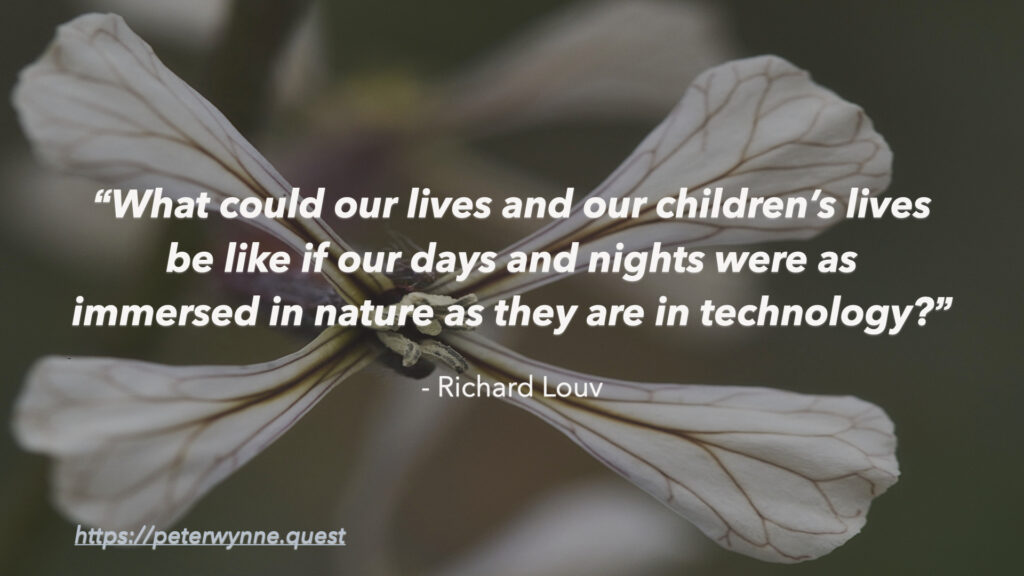 Photo by Peter Wynne of the Arugula (Eruca vesicaria) plant with quote by Richard Louv which reads: What could our lives and our children’s lives be like if our days and nights were as immersed in nature as they are in technology?