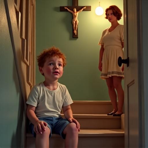 a young terrified child sitting on the stairs with mother as described in the story