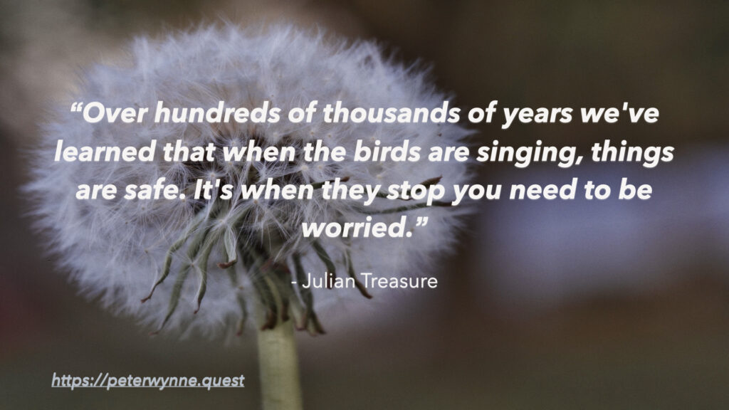 Photo by Peter Wynne of the Common Dandelion (Taraxacum officinale) plant with quote by Julian Treasure which reads: Over hundreds of thousands of years we've learned that when the birds are singing, things are safe. It's when they stop you need to be worried.