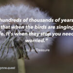 Photo by Peter Wynne of the Common Dandelion (Taraxacum officinale) plant with quote by Julian Treasure which reads: Over hundreds of thousands of years we've learned that when the birds are singing, things are safe.ย It's when they stop you need to be worried.