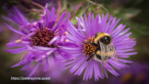 Photo by Peter Wynne of an New england aster (Symphyotrichum novae-angliae) flowers with lilac petals and a bumble bee gathering nectar.